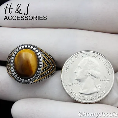 MEN's Stainless Steel Oval Tiger Eye Silver/Gold Plated Ring Size 8-13*ATR115 • $15.99