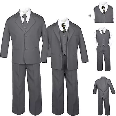 $72.99 • Buy 6pc Baby Toddler Boy Dark Gray Formal Wedding Tuxedo Suit Dot Black Necktie 