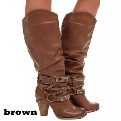 Ladies Retro Knee High Boots Buckle Chunky Heels Round Toe Riding Western Shoes • $67.16