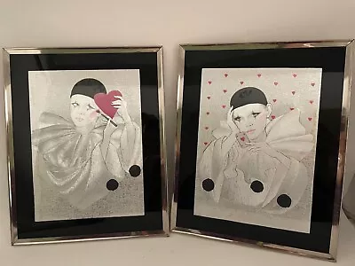 (2) Vtg Pierrot Clown Foil Art Prints Pink Heart Mirror & Playing Card Ace 8x10  • $39.99