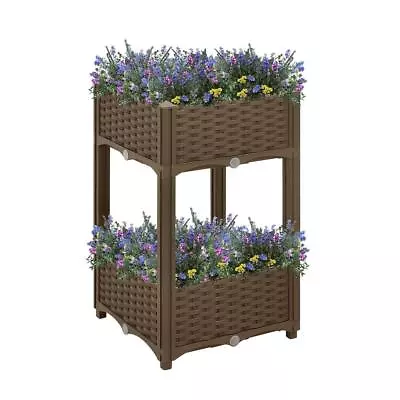 2 Tier Brown Deep Raised Flower Bed Rattan Effect Garden Lawn Fence Planter Pot • £21.99