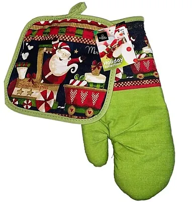 NWT Christmas SANTA CLAUS In CANDY Sweets TRAIN Pot Holder & Oven Mitt Set • $4.46