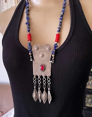 Vintage Afghan Necklace Long Belly Dance Huge Kuchi Tassel Pendant Lapis Beads • $31