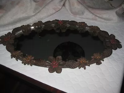 Vintage Metal Edge Jeweled Flowers Oval Vanity Dresser Tray Mirror • $15.99