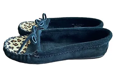 Minnetonka Moccasins Cow Hair Shoe Fringe Black Leather Loafers Suede Boho Sz. 8 • £24.10