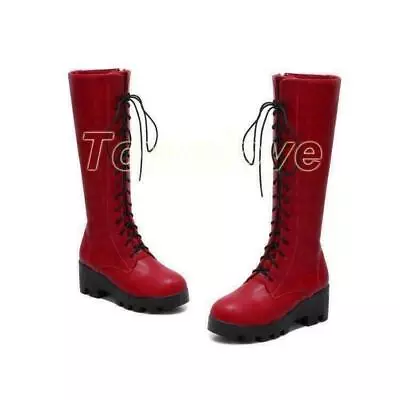 Womens Gothic Round Toe Combat Knee High Boots Retro PU Leather Lace Up Shoes • $35.51