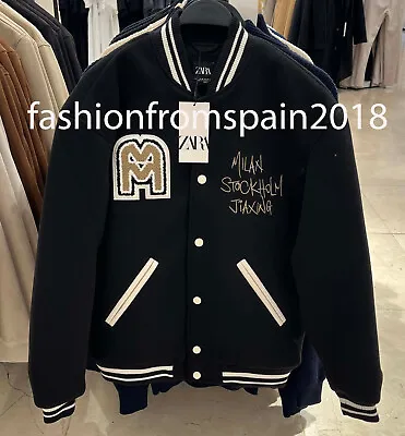 Zara New Man Bomber Jacket With Contrast Patch Black S-xl 6318/411 • $69.99