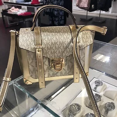 Michael Kors Manhattan Medium School Satchel Shoulder Crossbody Pale Gold Sig. • $175