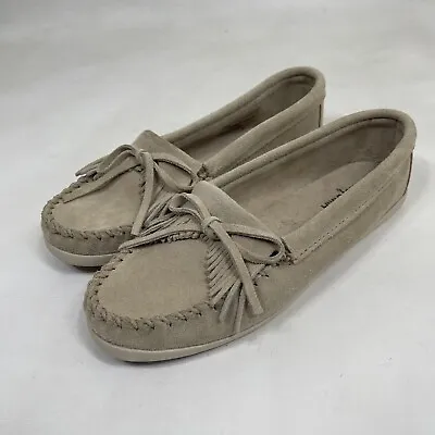 Minnetonka Moccasins Women's 10 Beige Newport Suede Fringe Tie Shoes Rubber Sole • $29.95