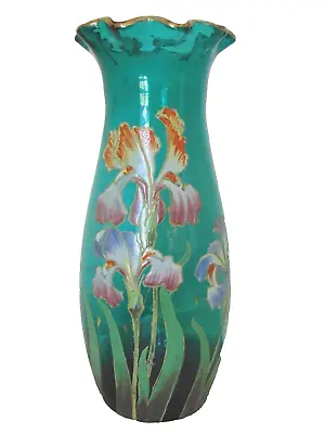 Antique Mont Joye Enamel Iris Floral Turquoise French Cameo Glass Tall Vase 12  • $295