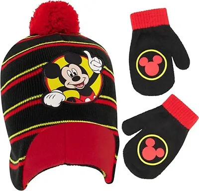 Disney Mickey Mouse Winter Hat And Kids Mittens Set Toddler Boys Ages 2-7 • $14.99