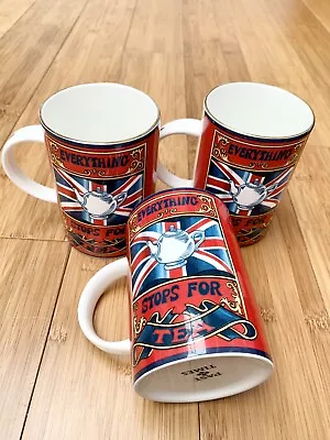 Past Times Everything Stops For Tea X3 Tea Coffee Union Jack Bone China Mugs • £14.99