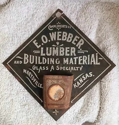 E. O. Webber Lumber Building Material Tin Wood Match Holder & Striker Antique  • $50