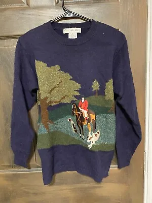 Womens Vintage J H Collectibles Navy Blue Wool  Horse Jockey Sweater Petite Sm • $21