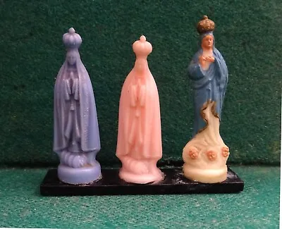 2 OUR LADY OF FATIMA & OUR LADY OF SAMEIRO Vtg SMALL PLASTIC STATUES ON STAND • $22