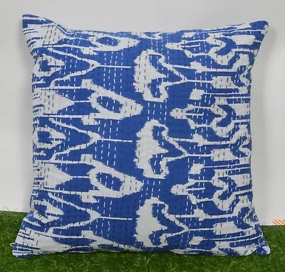 Indian Kantha Work Pillow Cushion Cover Ethnic Ikat Print Home Decor Blue Color  • £8.99