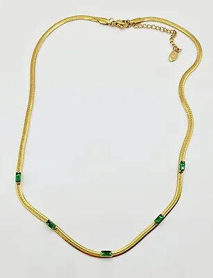 £10.99 • Buy 18k Gold Plated Flat Gold Green Emerald CZ Crystal Snake Chain Necklace Stories