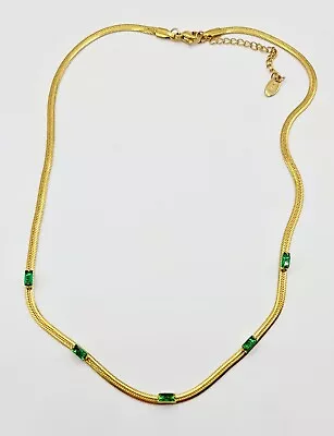 £10.99 • Buy 18k Gold Plated Flat Gold Green Emerald CZ Crystal Snake Chain Necklace Stories