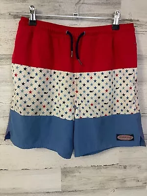 Vineyard Vines Shorts Mens Medium Red Blue Star Chappy Swim Trunks Drawstring • $17.99