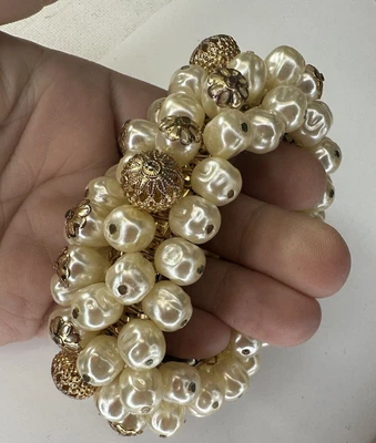 £14.56 • Buy VIntage Cha Cha Bracelet Simulated Pearl Bead Stretch On Watch Band Chunky