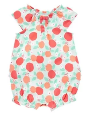 GYMBOREE SPRING PEACH  GREEN W/ PEACHES RUFFLE BUBBLE ONE PIECE 0 3 6 12 18 NWT • $6.49