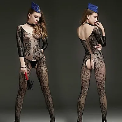 Lady Lace Leotard Catsuit Erotic Crotchless Net Floral Sheer Hollow Out Bodysuit • £12.85