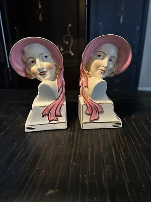 Rare Vintage Kessler  Twins  Art Deco Lady Ceramic Head Vase  Book Ends Pink • $110