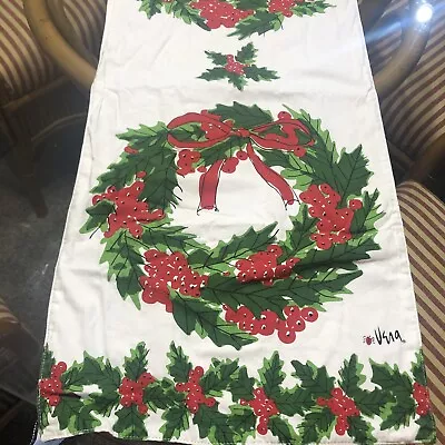 VERA Table Runner CHRISTMAS WREATH Printed Vintage 68”x14” Red Underside Holly • $15