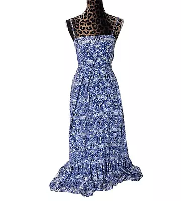 Roller Rabbit Print Lined Maxi Cami Dress Sz XS Viscose Blue White Waist Tie • $39