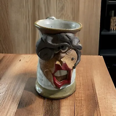 Signed Mahon Stoneware Ugly Face Lady W/ Red Lips Mug • $35