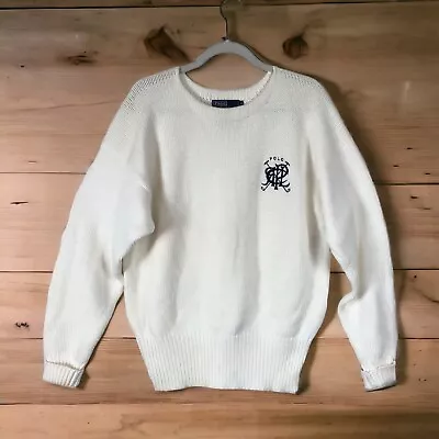 Vintage Polo Ralph Lauren Knit Cricket Men’s Sweater Cream 100% Cotton Blue Logo • $144