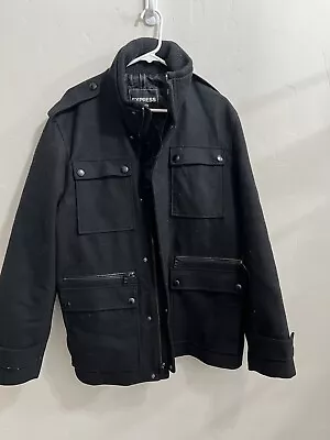 Express Men's Size Military Style Wool Pea Coat Jacket Charcoal Gray Black • $20