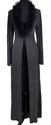 VNTG Kitty Sparkly Long Black Duster Robe Fur Trim Collar Split Open Front 90s • $44.95