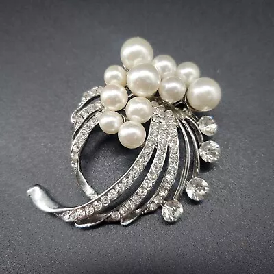 Vintage Bouquet Pearl Crystal Brooch Rhinestones Wedding Pin EmJacket Fashion  • $15