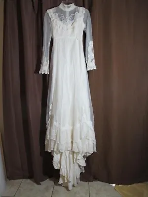 Vtg 1970's Wedding Dress Sz 6 Union Made Off White High Neck Victorian Sheer Dot • $99.99
