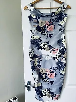 Boohoo Grey Floral Off The Shoulder Midi Wiggle Pencil Dress UK 8 BNWT • £12