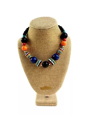 Vintage Hand Painted Multicolored Wood Beads Necklace Ball Beads  • $11.96