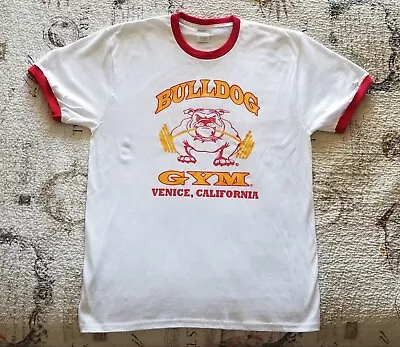 Bulldog Gym Venice Beach California  White / Red / Vintage Gold Ringer T-Shirt • $17.95