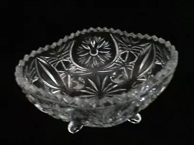 Bowl Dish Cut Glass  With Daisy Flowers & Saw Tooth Rim Four Footed 5  By 3  • $5