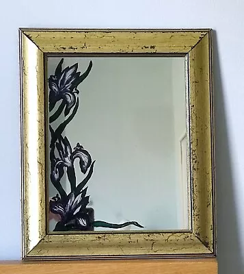 Vtg 90s Hand Painted Mirror 27 X 32cm Distressed Gilt Frame Iris Flower Design • £14.99