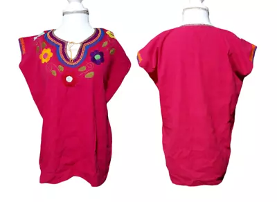 Mexican Hand Embroidered Women's Blouse Peasant Top Pink Etnic Sleeveless M/L • $24