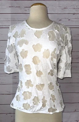 $75 • Buy Vintage YOSHIKI HISHINUMA Size 3 Fitted Sheer Cutouts White Top