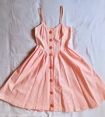 1990s Vintage Orange Stripe Pockets Hang Ten Full Skirt Dress Sz XS / 32  Chest • $72