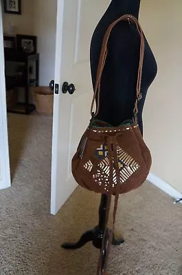 NEW Tylie Malibu Bohemian Whip Stitch Suede Drawstring Hobo Shoulder Bag Brown • $129