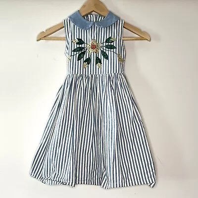 Vintage Italian Girl’s 4 Dress Cotton Striped Cottage Flower Appliqe Sleeveless • $24.99