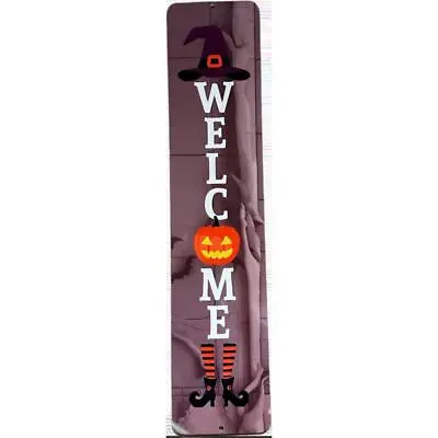 HALLOWEEN WELCOME Aluminum Sign 4  X 18  With Pumpkin Witch Hat And Boots • $14.36