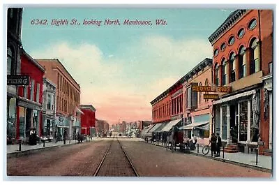 C1950 Eight Street Looking North Railway Stores Manitowoc Wisconsin WI Postcard • $9.72