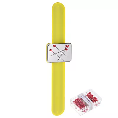 Magnetic Pin Holder Wristband Sewing Pincushion 100 Plastic Head Pins Yellow • $12.59