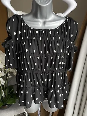 $14.65 • Buy Zara Black Polka Dot Bare Shoulder Detail Top Blouse Size L