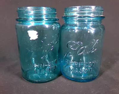 Ball Perfect Mason Blue Glass Antique Old Pint Jars Lot 2x W/Bubbles Fst Shpping • $26.99